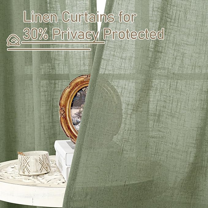 LAMIT Sage Green Linen Curtains for Living Room 84 inch Length 2 Panels, Light Filtering Semi Sheer Panels Back Tab and Rod Pocket Boho Neutral Drapes for Bedroom/Farmhouse, 38 x 84 Inch