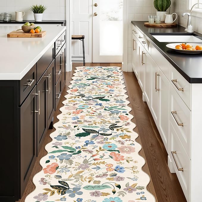 Hallway Floral 2'6x14 Runner Rugs: Washable Scalloped Soft Carpet with Non-Slip Backing for Entryway Kitchen Stain-Resistant Bedroom Floor Mat – Gifts for Newlyweds/Household Home Dcor (2'6x14,Cream)