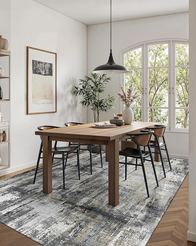 Latte&Fog 5x7 Area Rugs for Living Room Bedroom, Black Modern Abstract Neutral Washable Rug, Boho Non Slip Low Pile Carpet for Dining Room,Dorm,Classroom,College Dorm and Farmhouse - Black Gold