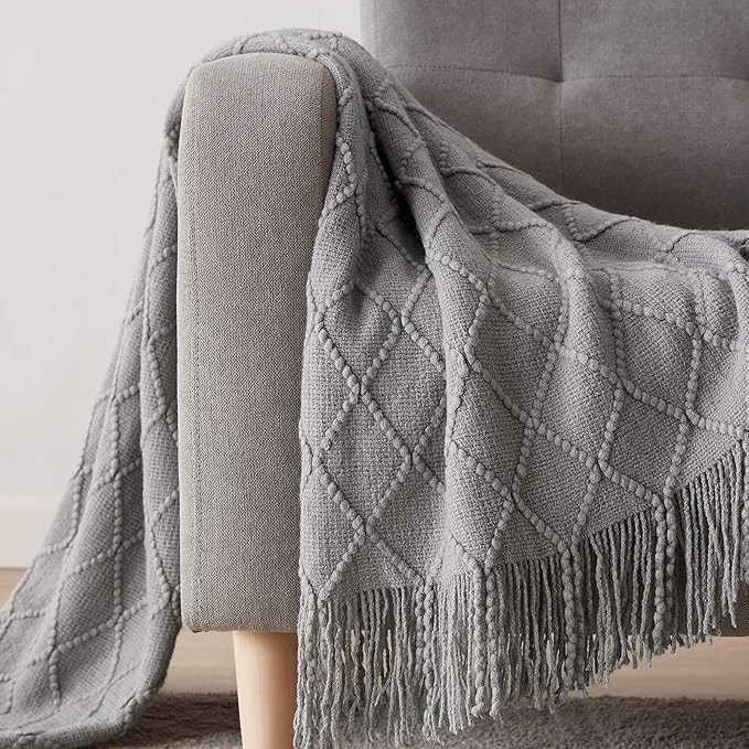 BOURINA Light Grey Throw Blanket 50 x90 Inches Throw Textured Solid Soft Sofa Throw Bed Runner Couch Cover Knitted Decorative Blanket Bed Runner