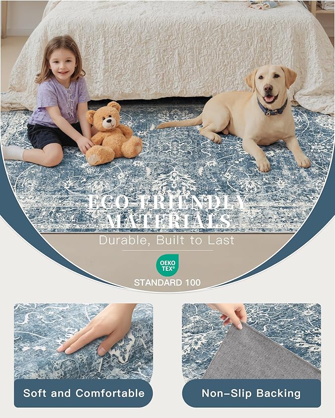 Madane Washable 6x9 Area Rugs for Living Room, Vintage Rug with Non-Slip Backing, Soft Stain Resistant Throw Rugs Thin Carpet for Bedroom Dining Room Farmhouse (6 x 9, Cadet Blue)