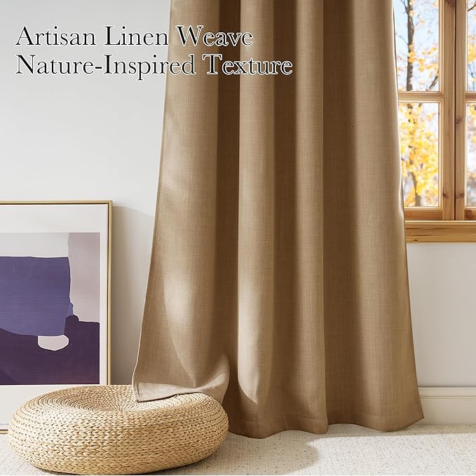 NICETOWN Caramel Faux Linen Room Darkening Rod Pocket Curtains 63 inch Length, W42 x L63, Light Blocking Thermal Insulated Noise Reducing Drapes for Bedroom Living Room Farmhouse Decor, 2 Panels