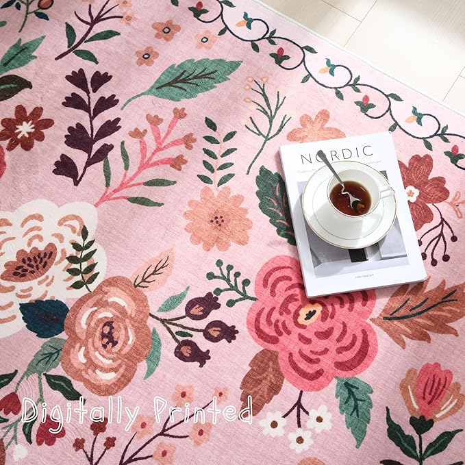 Rugcomf Bedroom Rug 3x5 Rug Washable Area Rug Non Slip Low Pile Boho Floral Small Carpet for Bedroom, Bedside, Kitchen, Entryway, Kids Room, Office, College Dorm Essentials for Girls(Pink)