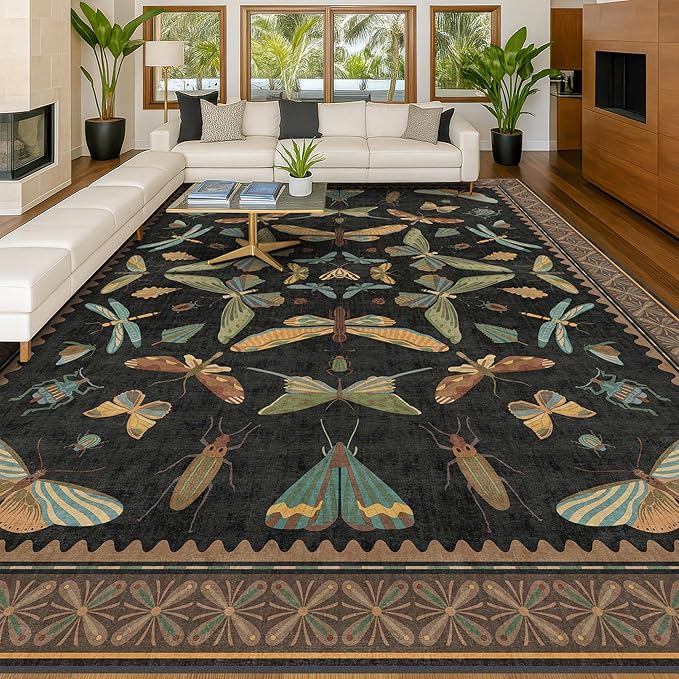 Hazo Haus Large Black Rug for Living Room - Area Rugs 9x12 Dining Room Table, Large Bedroom Under Bed, Unique Insect Bug Home Décor, Foldable Soft Stain Resistant