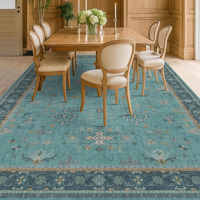 Boho 9x12 Large Teal Green Washable Living Room Rug - Vibrant Turquoise Rug for Bedroom Under Bed, Dining Room Under Table, Geometric Floral Low Pile & Soft Stain Resistant Carpet