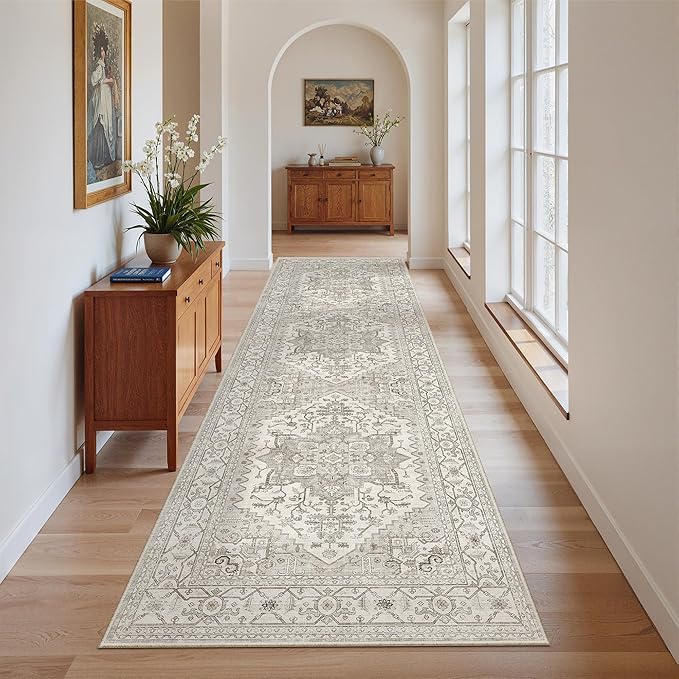 Madane Runner Rug 2'6''x8' Kitchen Runners, Printed Vintage Washable Hallway Rugs Soft Non-Slip Low Pile 2.5x8 ft Runners for Hallways Laundry Room Rug, Beige/Brown