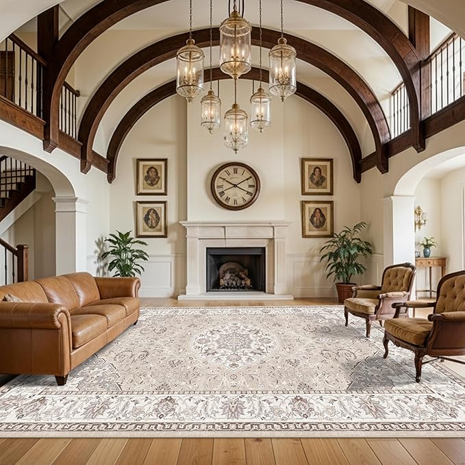 12x15 Living Room Area Rug: Oriental Large Neutral Bedroom Carpet Soft Distressed Floor Mat with Non-Slip Backing Indoor Ultra Thin Water-Resistant Dining Room Rug Farmhouse Home Decor(12x15 Beige)
