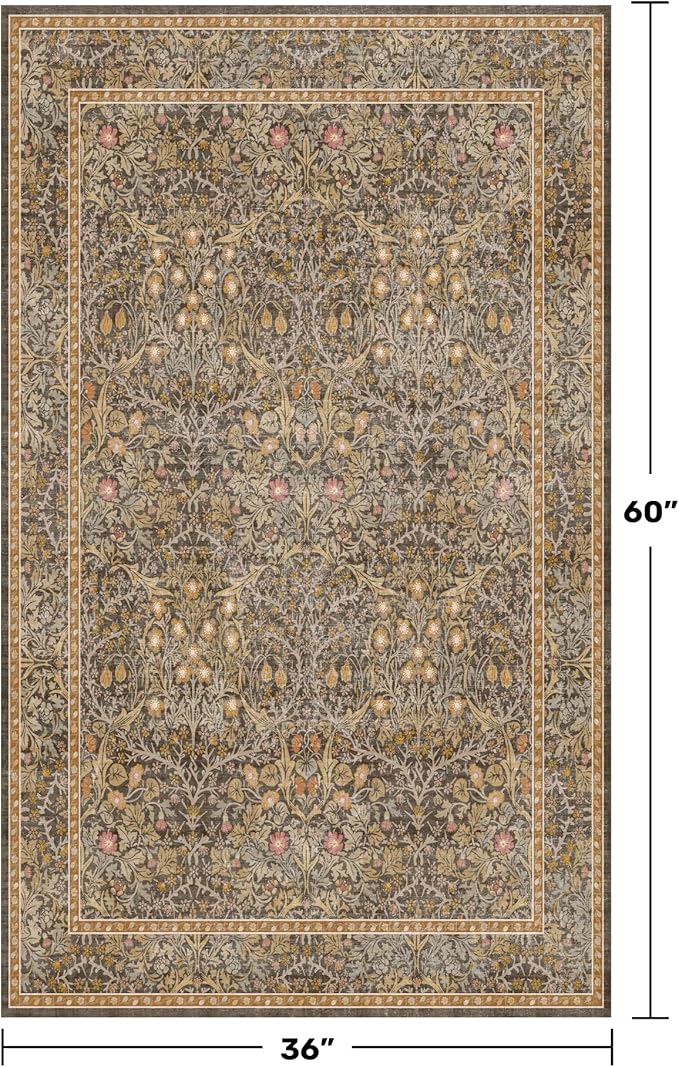 Vintage Floral Brown 3x5 Area Rugs for Entryway, Kitchen, Bathroom, Bedroom Beside Rug, Laundry Room, Non-Slip Low Pile Ultra Soft Stain Resistant Small Gold and Taupe Carpet