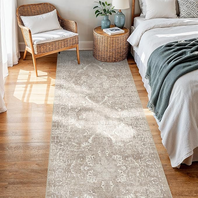 2x5 Washable Hallway Runner Rug - Non Slip Kitchen Runner Rugs with Rubber Backing Vintage Low-Pile Carpet Runners for Entryway Dining Room Laundry Room Home Decor (Beige)