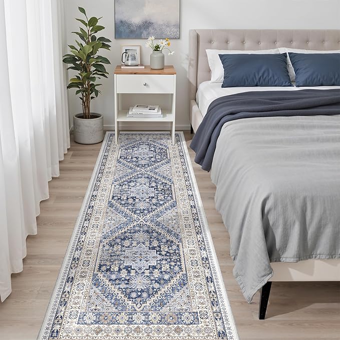 zesthome Washable Runner Rug 2.5x8 - Stain Resistant Entryway Rug,Ultra-Thin Kitchen Rugs, Anti Slip Backing Runner Rugs for Entrance Laundry Room Indoor Hallway (Blue/Beige,2.5'x8')