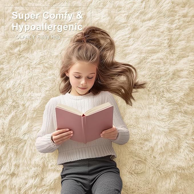 OLANLY Area Rugs for Living Room Bedroom, Machine Washable 4x5.9 ft Soft Fluffy Shaggy Bedside Rug, Indoor Floor Carpet for Kids Girls and Boys, Dorms, Nursery Rooms, Home Decor Aesthetic, Cream