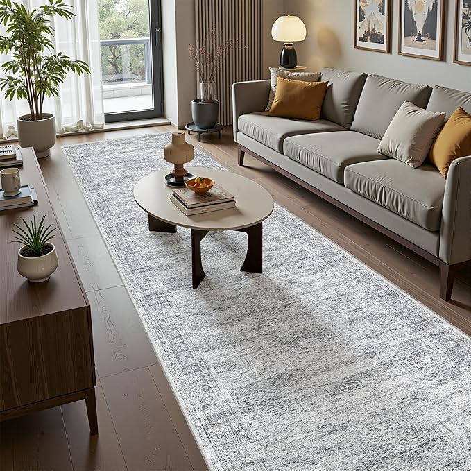 Washable Runner Rug 2.5x12, Non-Slip Long Bathroom Rugs Runner for Kitchen, Living Room, Bedroom, Soft Vintage Rug for Entryway, Thin Floor Mat for Dining Room(2.5'x12', Grey/Ivory)