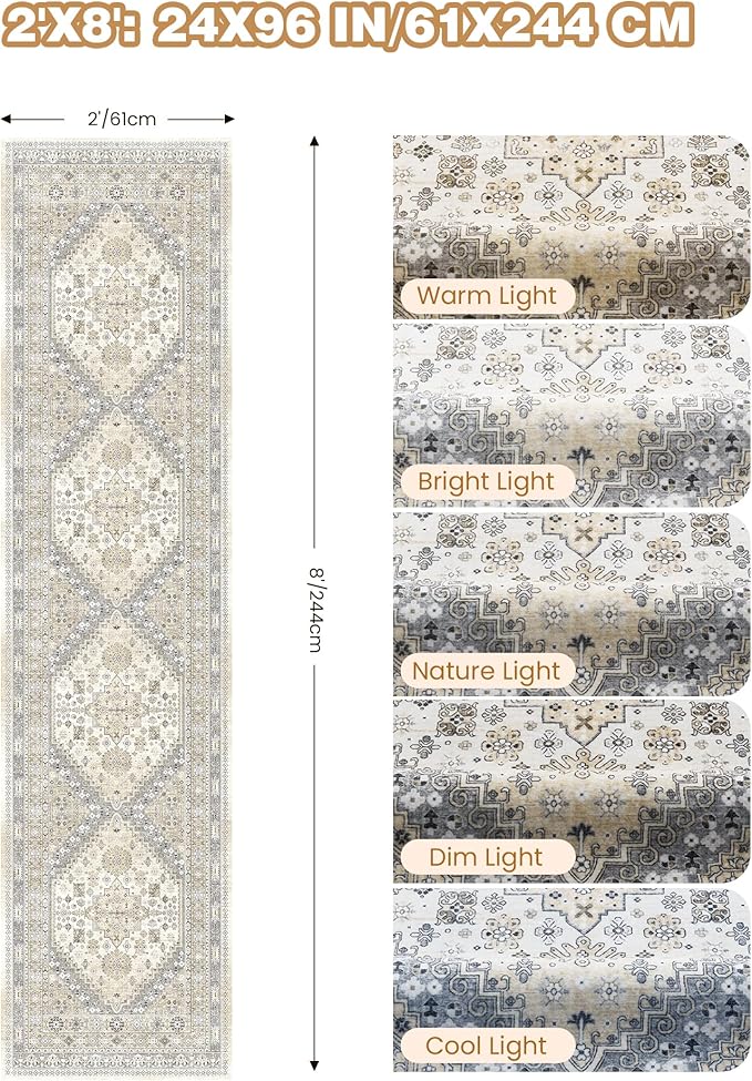 Runner Rug 2x8 Runners for Hallways Non Slip Washable, Vintage Hallway Runner Rugs for Living Room, Low Pile Soft Hallway Rug for Kitchen Bedroom Laundry Room Rug(Beige,2'x8')
