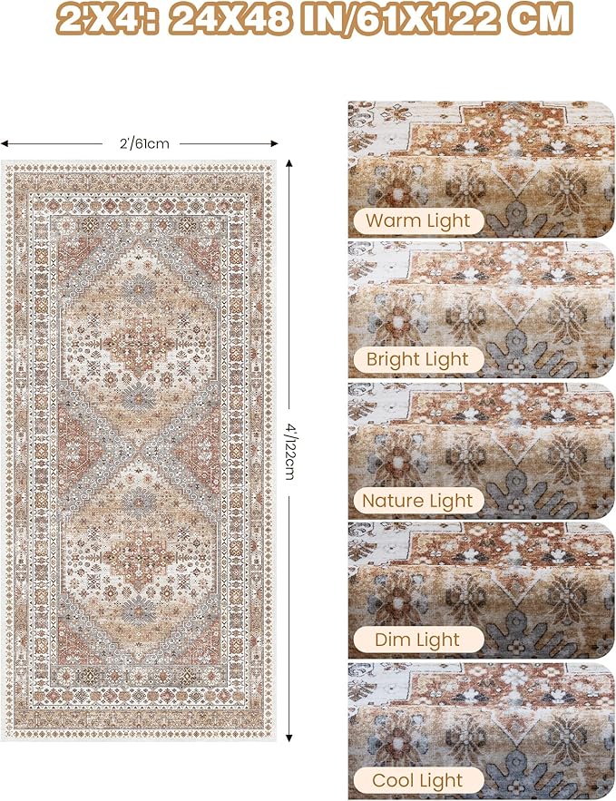 2x4 Washable Rug Runner for Bathroom, Soft Entryway Rug for Laundry Room, Kitchen, Vintage Hallway Runner for Bedroom, Anti-Slip Door Mat Indoor Entrance(Orange,2'x4')