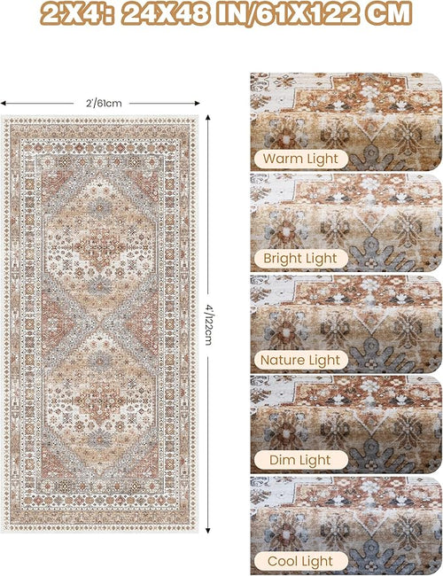 2x4 Washable Rug Runner for Bathroom, Soft Entryway Rug for Laundry Room, Kitchen, Vintage Hallway Runner for Bedroom, Anti-Slip Door Mat Indoor Entrance(Orange,2'x4')