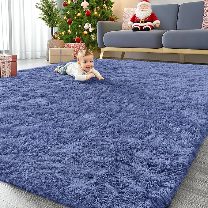 OLANLY 9x12 Machine Washable Large Area Rugs for Living Room, Bedroom, Soft Fluffy Shaggy Bedside Rug, Indoor Floor Carpet for Kids Girls and Boys, Dorms, Nursery, Home Decor Aesthetic, Denim Blue