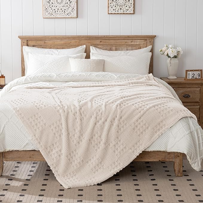 50x70 Inch Waffle Beige Throw Blanket -Fluffy Fleece, Neutral Tan Color, Cute & Aesthetic, Perfect for Sofa, Couch, Chair, Bed, Living Room & Bedroom, All-Season Use, Plush & Cozy Decorative Blanket