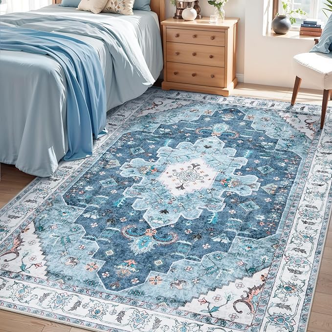 SERISSA Area Rug 4x6 Boho Rugs for Bedroom, Vintage Blue Washable Non Slip Rugs, Ultra Soft Print Distressed Low-Pile Throw Rug Carpet for Nursery Dorm Kitchen Living Room Decor