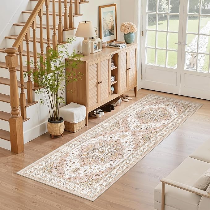 Madane Washable Runner Rug - 2x6 Rug Runners for Hallways 6 Feet Non Slip Vintage Kitchen Runner Rug Ultra-Thin Bathroom Runner Rugs Carpet Laundry Room Bedroom (2x6ft, Pink)
