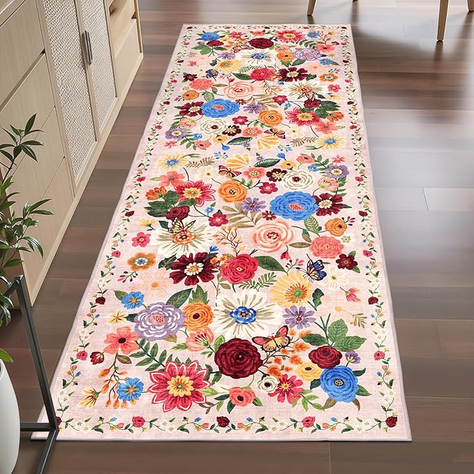 Rug for Hallways Kitchen Rug 3x7, Non Slip Washable Rugs with Rubber Backing Soft Floral Carpet Runner for Hallways, Kitchen, Laundry, Bedroom, Bathroom(3 x 7, Beige Garden)