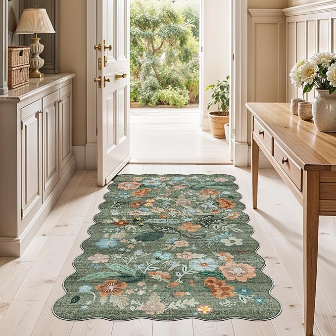Washable Floral 2x4 Area Rug: Indoor Soft Scalloped Carpet for Entryway Kitchen Non-Slip Water Resistant Bathroom Laundry Floor Mat Low Pile Durable Nursery Door Mat Cute Home Decor(2x4 Floral/Green)