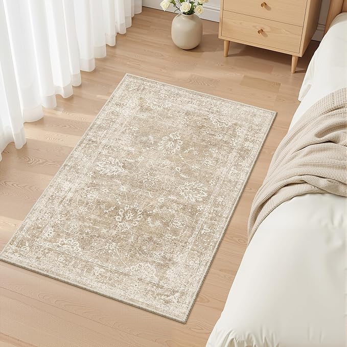 Madane 2x3 Washable Rugs for Entryway, Low Pile Non-Slip Small Area Rug Kitchen Door Mat, Vintage Soft Throw Neutral Rug Floor Mat for Indoor Front Entrance Bathroom Hallway (2 x 3, Beige/Brown)