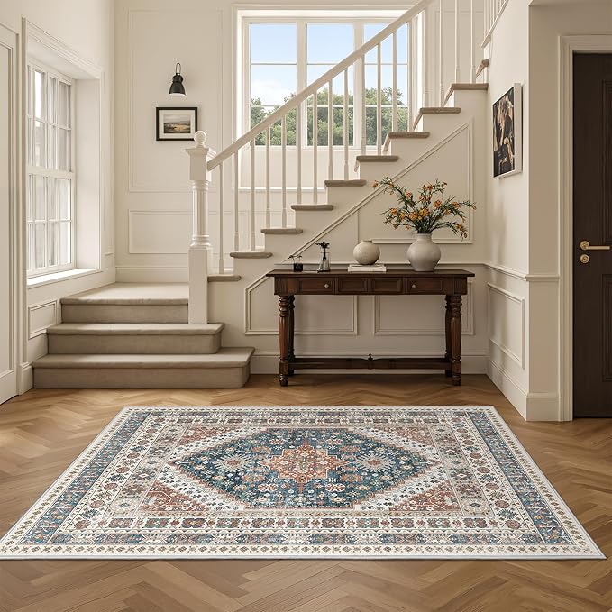 3x5 Washable Area Rug for Entryway, Kitchen Rugs Non Slip for Dining Room, Vintage Floral Soft Living Room Rug, Thin Area Rug Indoor for Bedroom, Kids Room Decor(Blue/Red,3'x5')