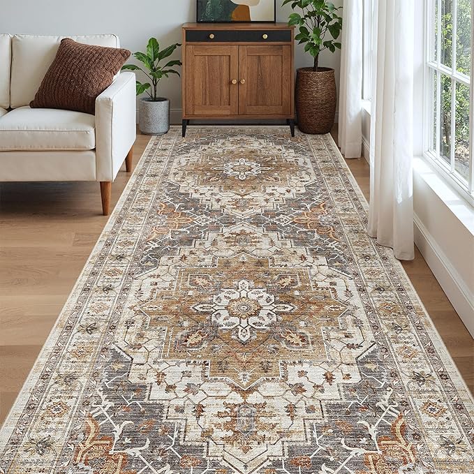 Madane 4x10 Wide Hallway Runner Rug: Washable Soft Rug Runners for Living Room Bedroom, Stain Resistant Low Pile Area Rugs Thin Non Slip Floor Carpet for Ktichen Dining Room (Turmeric/Grey,4x10)