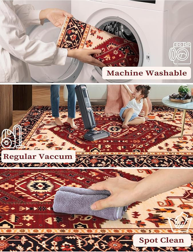 SERISSA Runner Rug for Hallways, 2'6"x8' Washable Non Slip Kitchen Runner Rug, Long Boho Rug Vintage Red Black Hallway Stair Ultra Soft Print Floor Carpet for Bedroom Bathroom Laundry Room
