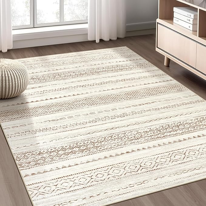 Nakagishi Area Rug Living Room Rugs: 3x5 Soft Machine Washable Boho Neutral Farmhouse Stain Resistant Moroccan Indoor Floor Carpet for Bedroom Nursery Kids Entryway Kitchen Entry Bedside Home- Brown