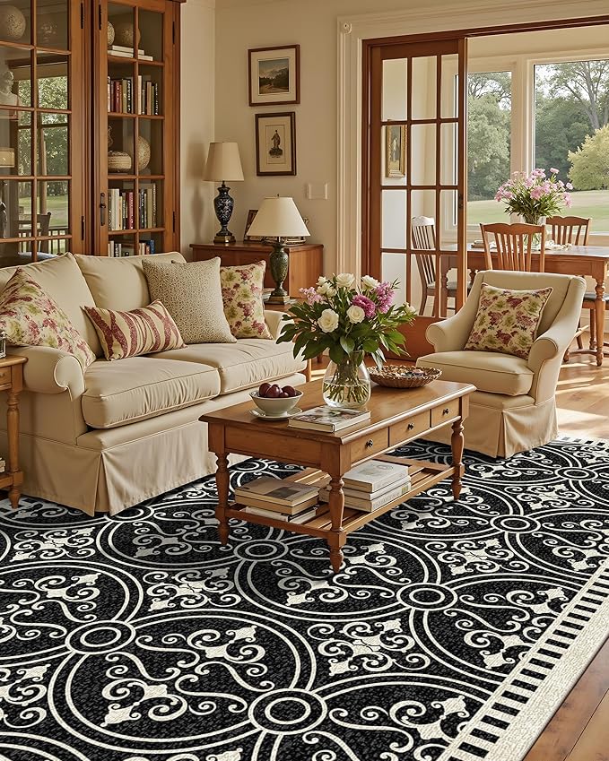 Latte&Fog 8x10 Area Rugs for Living Room, Large Vintage Washable Rug, Boho Non Slip Low Pile Carpet for Indoor Bedroom, Dining Room, Office, Dorm, Classroom, Farmhouse and Kids Room