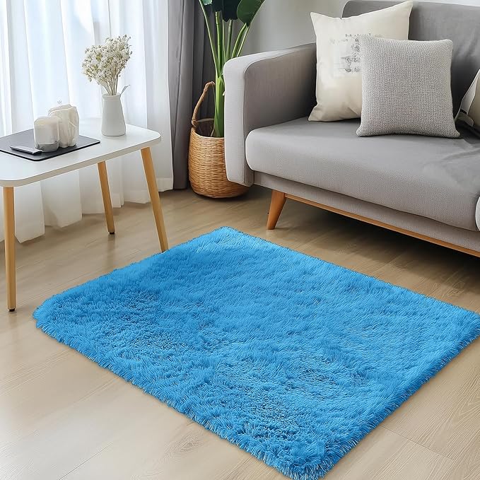 OLANLY 3x5 Machine Washable Small Bedside Rug, Soft Fluffy Shaggy Rugs for Living Room, Bedroom, Indoor Floor Carpet for Kids Girls and Boys, Preppy Dorms, Nursery, Home Decor Aesthetic, Bright Blue