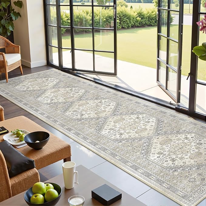 Carpet Runners for Hallway 12ft, Non-Slip Long Bathroom Rugs Runner for Kitchen, Living Room, Bedroom, Soft Vintage Washable Rug for Entryway, Thin Floor Mat for Dining Room(Beige,2.5'x12')