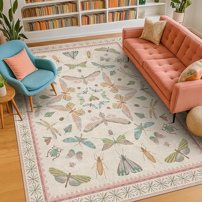 Hazo Haus Washable 5x8 Light Pink Rug for Bedroom - Pink Boho Girl Nursery Rug, Living Room, Nature Insect Bug Print Home Decor