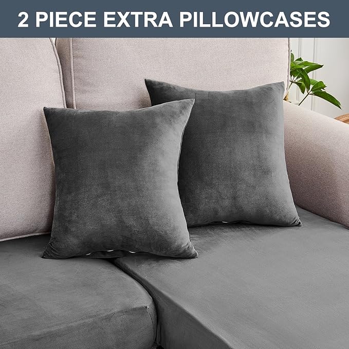 Couch Cover 4-Piece Elastic Velvet Couch Cushion Covers & Chaise Slipcovers for L-Shaped Sofas - Sofa Seat Covers Washable, Soft Protector for Couches (3 Seater + Chaise, Grey)
