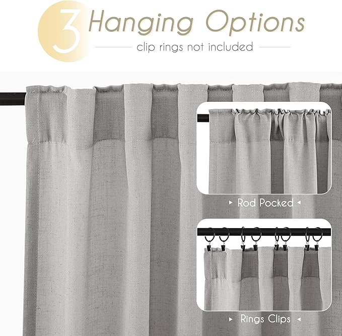 Linen Blend Grey Curtains for Living Room Back Tab Modern Farmhouse Semi Sheer Light Gray Curtains 102 inches Long 2 Panels Set Muted Neutral Cotton Texture Window Curtain for Dining Room Bedroom