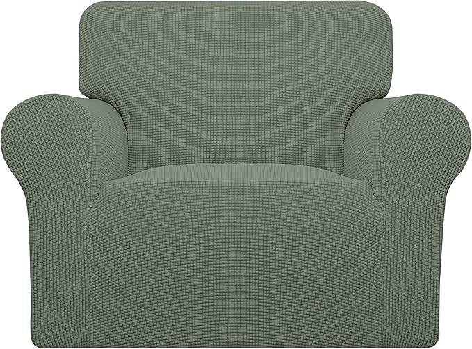 Easy-Going Stretch Chair Sofa Slipcover 1-Piece Couch Sofa Cover Furniture Protector Soft with Elastic Bottom for Kids, Pet. Spandex Jacquard Fabric Small Checks (Chair, Greyish Green)