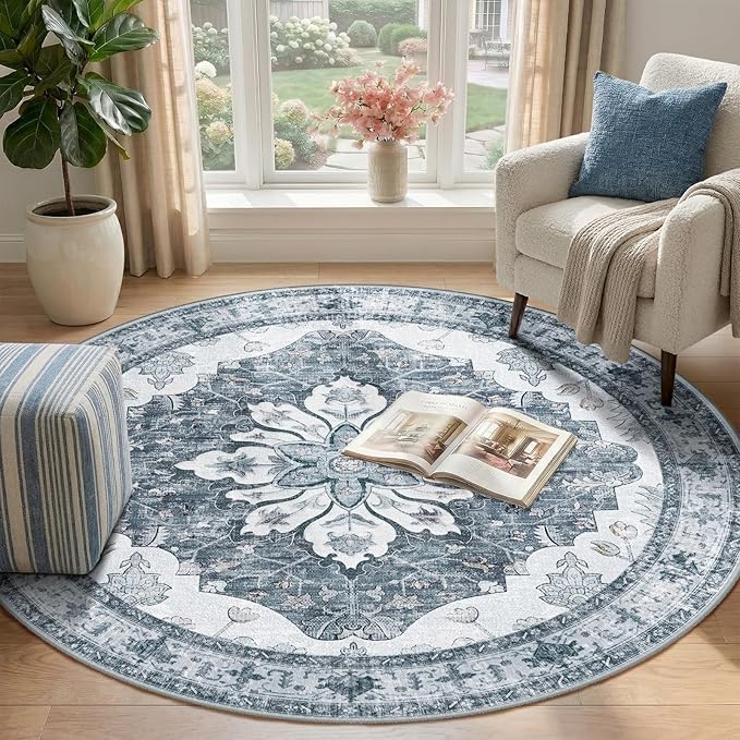 Area Rugs 4ft Washable Non-Slip, Floral Vintage Distress Print Pattern Medallion Carpet for Living Room Bedroom Dining Room, Light Gray Grey White