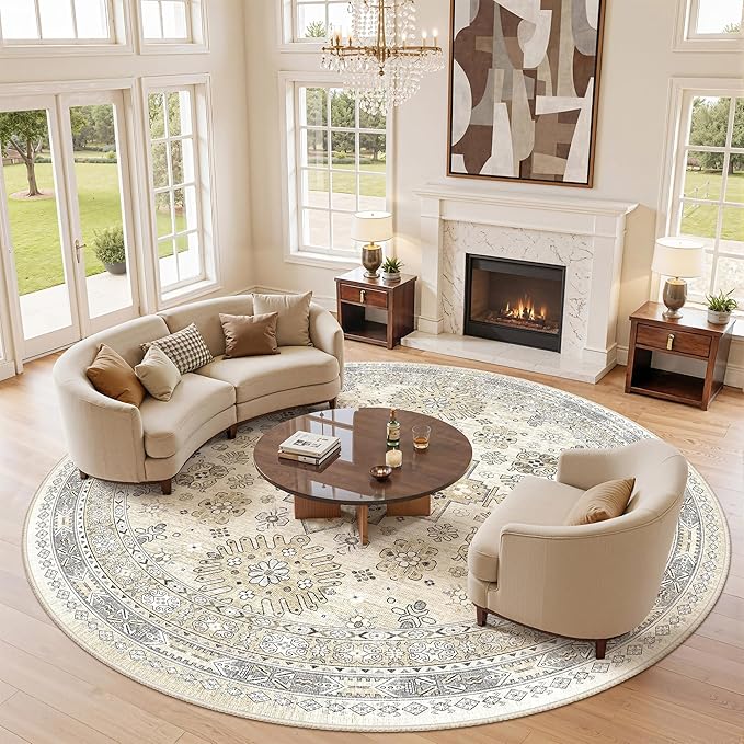 zesthome 8ft Round Rugs for Living Room, Non-Slip Washable Round Area Rugs, Ultra-Thin Large Circle Rugs, Soft Low Pile Rug for Bedroom, Kitchen - Vintage Stain Resistant Round Rug (Beige,8'x8')