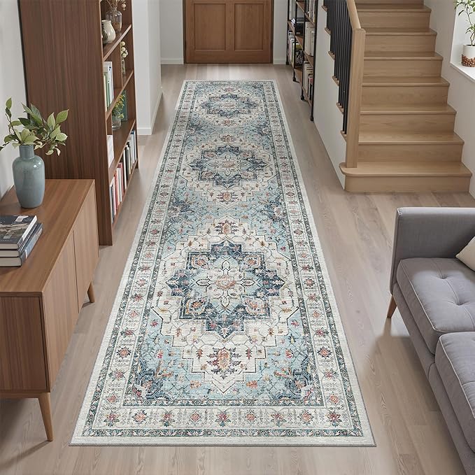 Madane Runner Rug 2x8, Washable Hallway Runner Rugs, Non-Slip Low-Pile Soft Kitchen Rug Runner Laundry Room Rug, Vintage Throw Entry Foyer Mat for Entrance Living Room (Blue, 2 x 8)