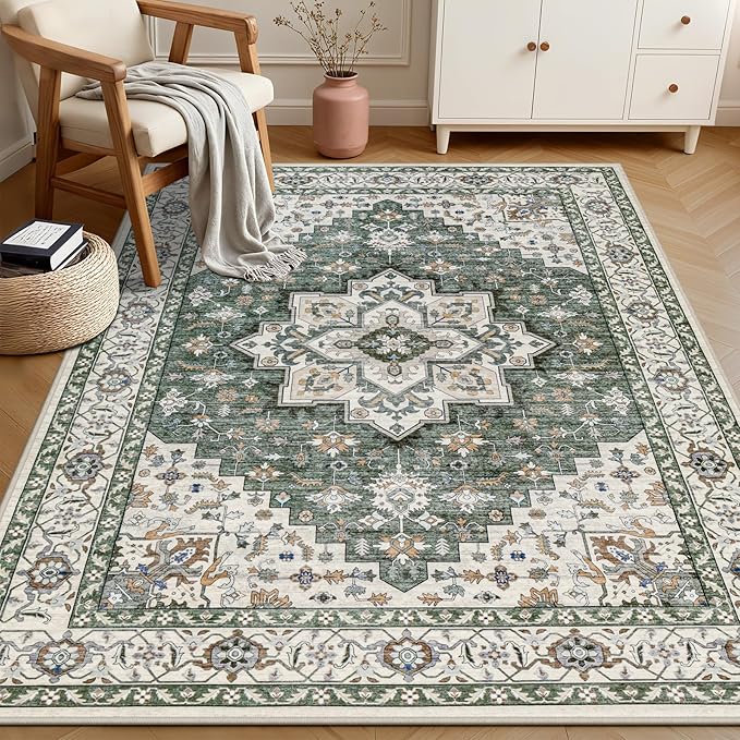 4x6 Area Rugs for Living Room: Washable Rug Soft Vintage Boho Medallion Carpet Indoor Non-Slip Stain Resistant Large Carpets for Bedroom Dining Room Farmhouse Nursery Home Office Green Ivory