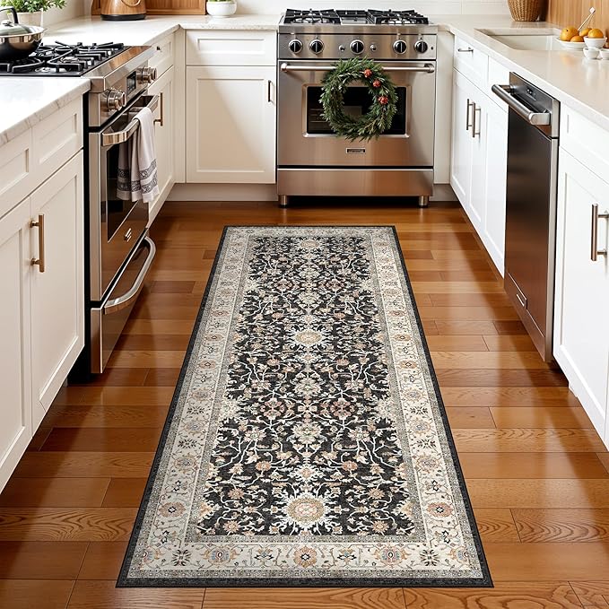 Washable 2x5 Entryway Runner Rug: Stain Resistant Carpet with Non Slip Backing for Kitchen Hallway Soft Low Pile Throw Mat for Floor Durable Indoor Mat for Living Room Bedroom Bathroom (Black, 2x5)
