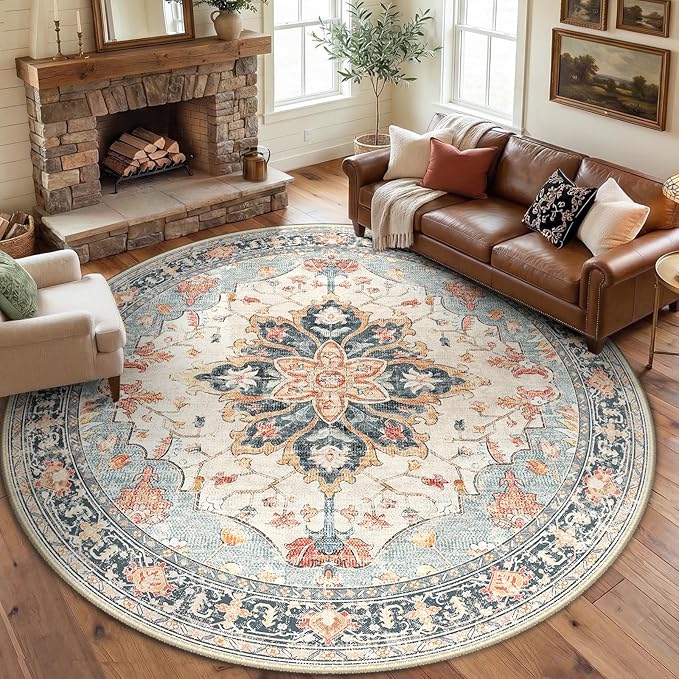 8ft Round Rug, Area Rugs 8ft, Washable Rug, Non-Slip, Rugs for Living Room for Bedroom, Circle , Vintage Rugs Boho Floral Medallion, Low Pile, Soft, Beige Dark Blue Navy Red