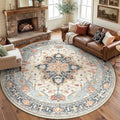 8ft Round Rug, Area Rugs 8ft, Washable Rug, Non-Slip, Rugs for Living Room for Bedroom, Circle , Vintage Rugs Boho Floral Medallion, Low Pile, Soft, Beige Dark Blue Navy Red