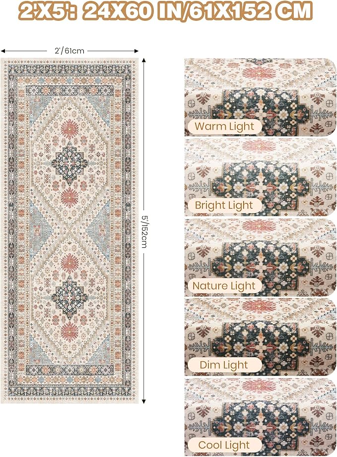 2x5 Rug Runner Washable for Entryway, Soft Bathroom Rugs with Non-Slip Backing,Vintage Low Pile Stair Runner, Small Kitchen Carpet for Hallways, Laundry Room(Blue/Red/Multi,2'x5')