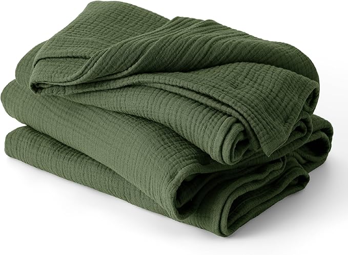 Bedsure 100% Cotton Muslin Blanket Queen Size for Bed - 4-Layer Breathable and Lightweight Thin Soft Summer Gauze Muslin Blankets for Adults, Olive Green, 90x90 Inches