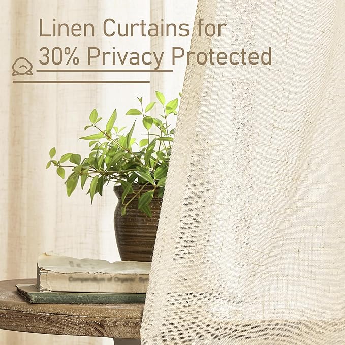 LAMIT Beige Linen Curtains 63 inches Long, Light Filtering Linen Textured Semi Sheer Back Tab and Rod Pocket Boho Drapes for Bedroom/Living Room, 2 Panels, 70 x 63 Inch