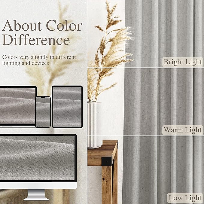 Light Gray Linen Curtains 72 Inches Long for Living Room Bedroom Light Filtering Semi Sheer Curtain Back Tab Rod Pocket Grey Simple Modern Farmhouse Decor Neutral Window Drapes 52x72, 2 Panels