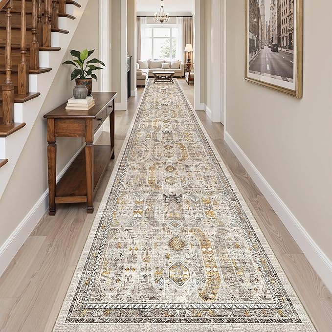 Madane Hallway Runner Rug 3x18 - Kitchen Rugs 18ft Washable Entryway Rug Vintage Kitchen Runners Non Slip Indoor Area Rug Farmhouse Carpet Runner for Bathroom Living Room Bedroom, Brown/Gold