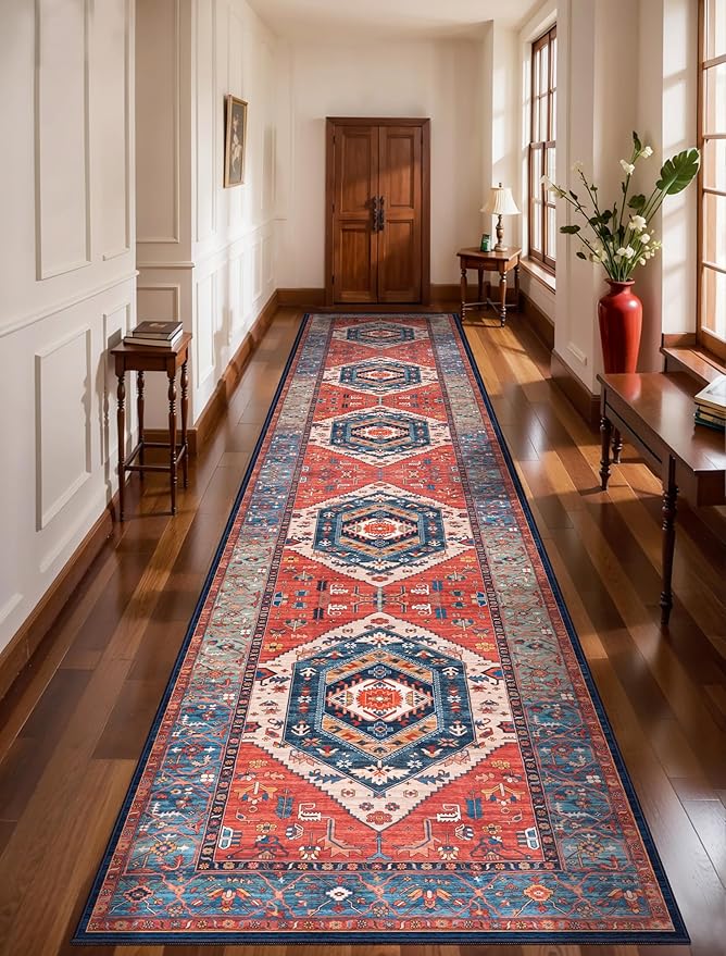 SERISSA Runner Rug for Hallways, 3x14 Washable Non Slip Kitchen Runner Rug, Extra Long Boho Rug Ultra Soft Vintage Rust Print Floor Carpet for Bedroom Hallway Entryway Bathroom Laundry Room